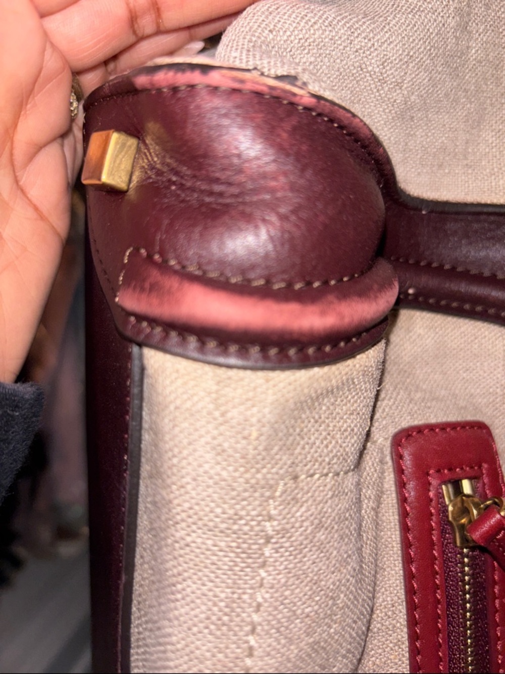 Celine Beige Canvas Tote with Burgundy and Dark Brown Leather Trim - Picture 7 of 10
